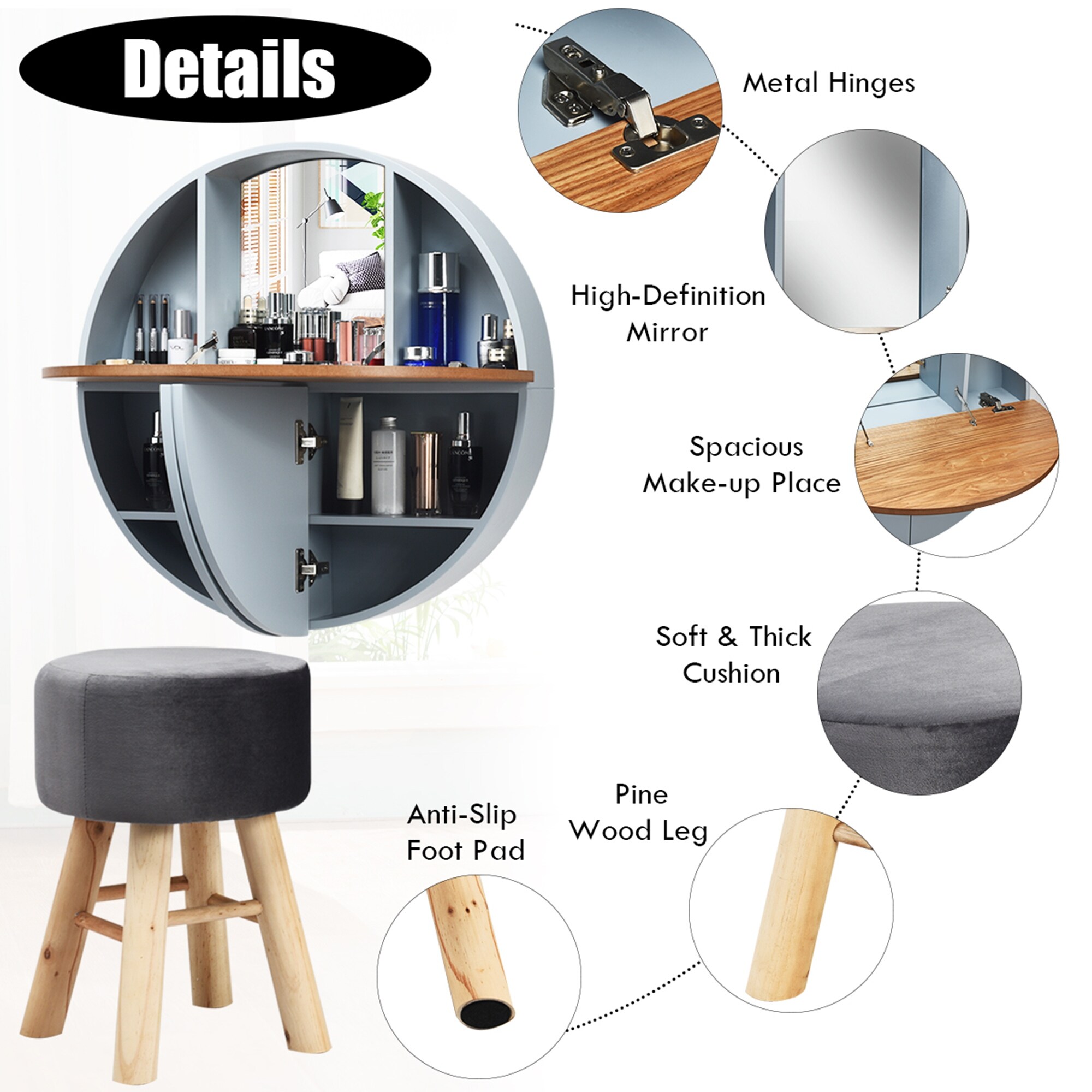 Shop Gymax Wall Mounted Vanity Set Round Makeup Dressing Table Stool Set Overstock 32204574