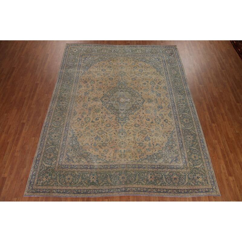 Hand Knotted Oriental 100% Wool Carpet Traditional Floral Peach Kashan Area Rug - 11' 11'' X 9' 7''