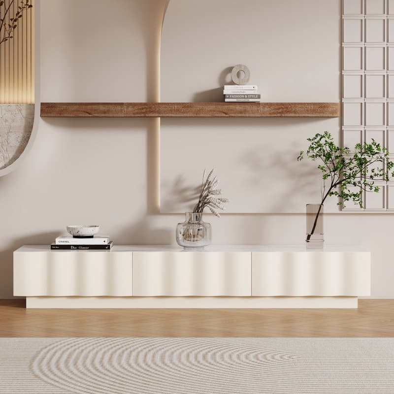 Modern Cream TV Stands with 3-6 Drawers, White Media Console with Glossy Sintered Stone Tabletop