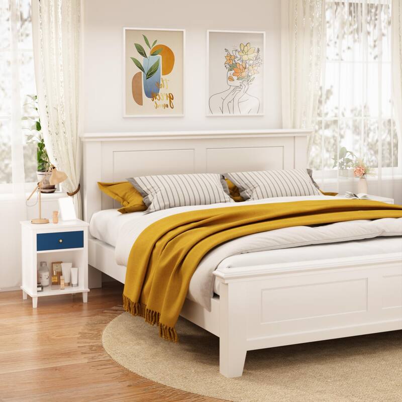 26.77" H Wooden Nightstand with One Drawer One Shelf for Kids, Adults, Navy+Golden handle