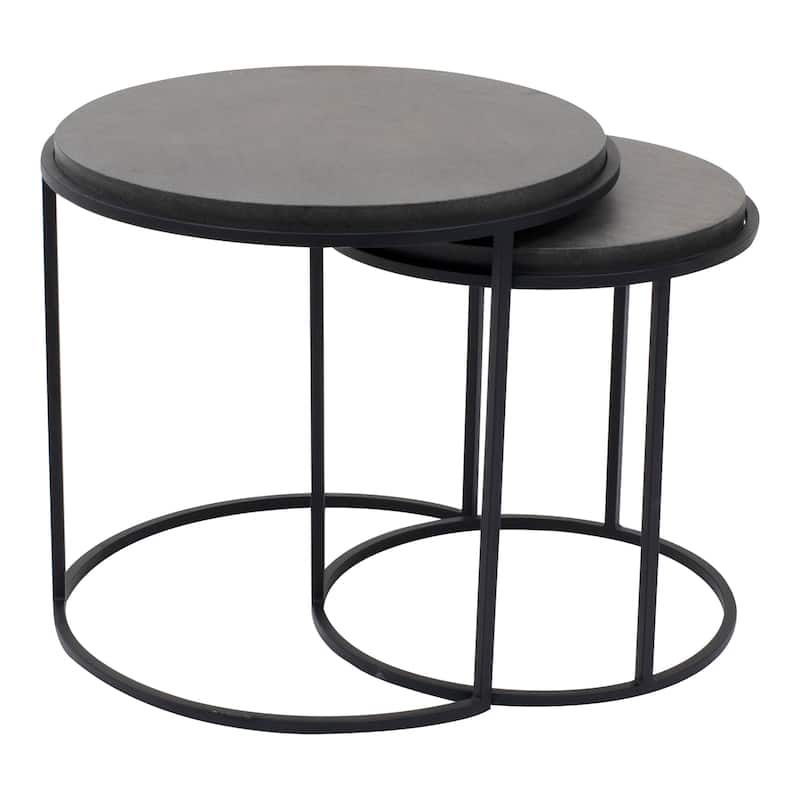 NADAAL STUDIOS Julius - Lavastone with Iron Base Accent Tables in Black - Set of 2 - Concrete - Black