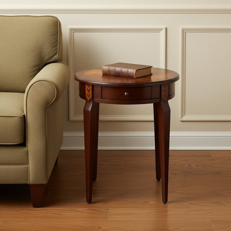 HomeRoots 24" Brown Solid Wood and Wood Round End Table With Drawer - 20.00 in. x 24.00 in. x 20.00 in. - Brown - Wood