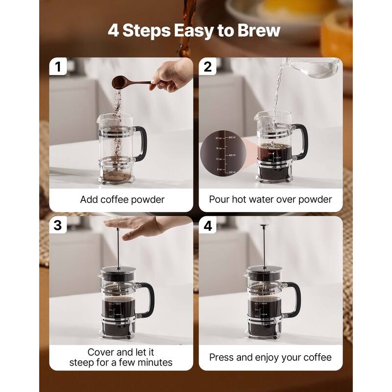 Large 34oz Glass French Press with Stainless Steel Filter - 6.69 x 4.13 x 8.46 inch