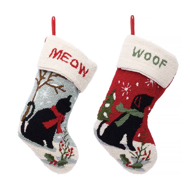 Glitzhome Christmas Hooked Stocking Cat Dog Fox Reindeer Dinosaur(Set of 2) - Cat & Dog