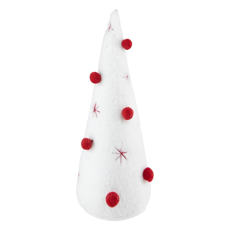 11" White Plush Christmas Cone Tree with Red Pompom Ornaments