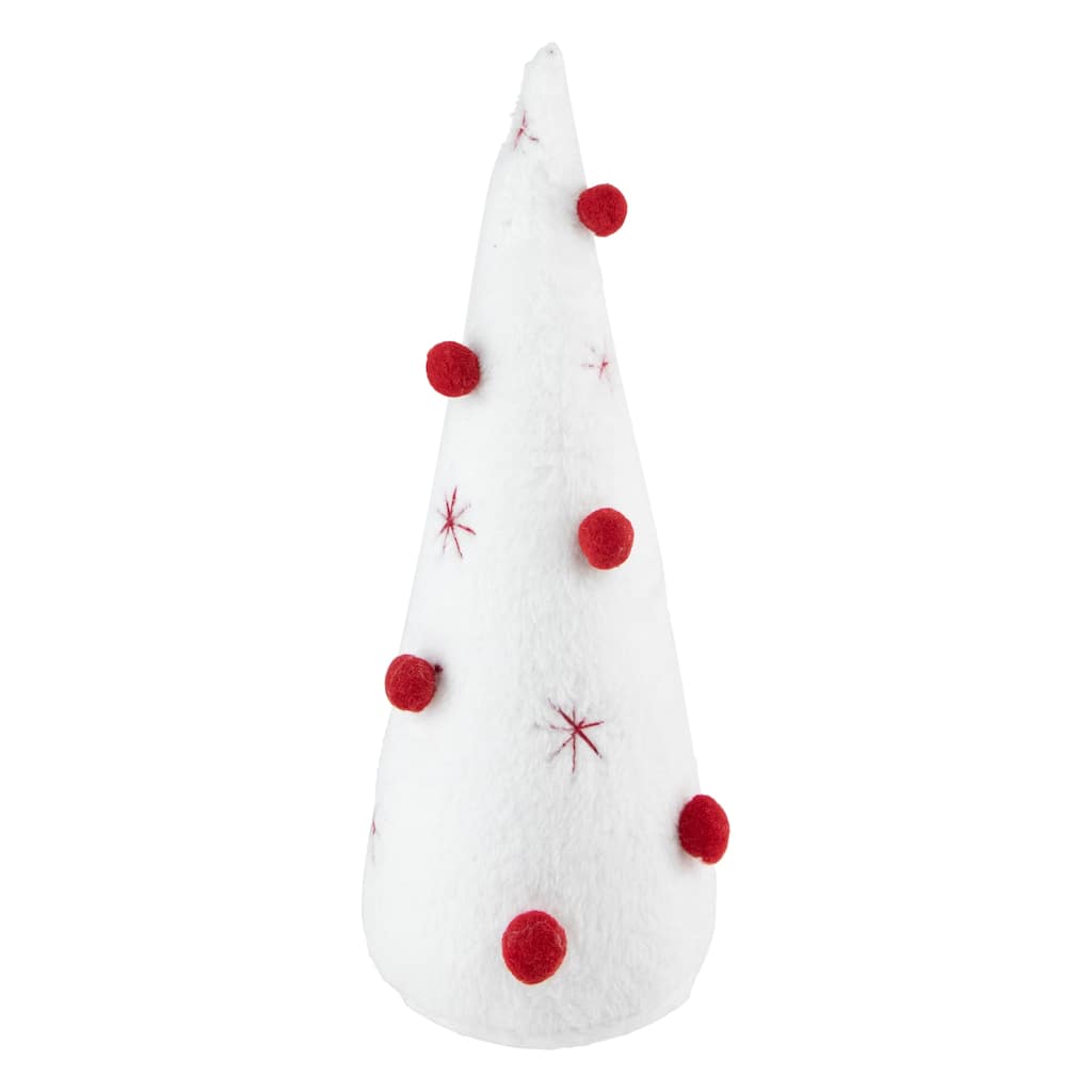 11" White Plush Christmas Cone Tree with Red Pompom Ornaments