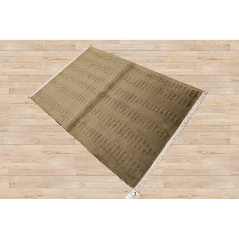 Hand Knotted Tibetan Olive Green Wool Modern Oriental Area Rug - 4' x 5' 11''