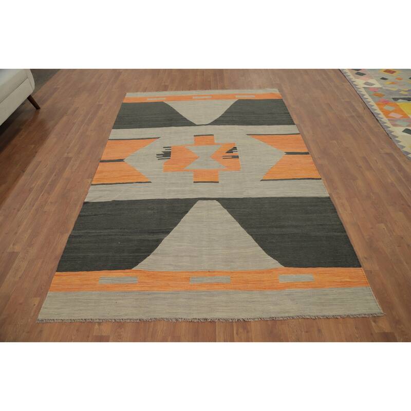 Hand Woven Oriental 100% Wool Carpet Southwestern Modern Greys & Charcoal Kilim Area Rug - 8' 10'' X 5' 7''