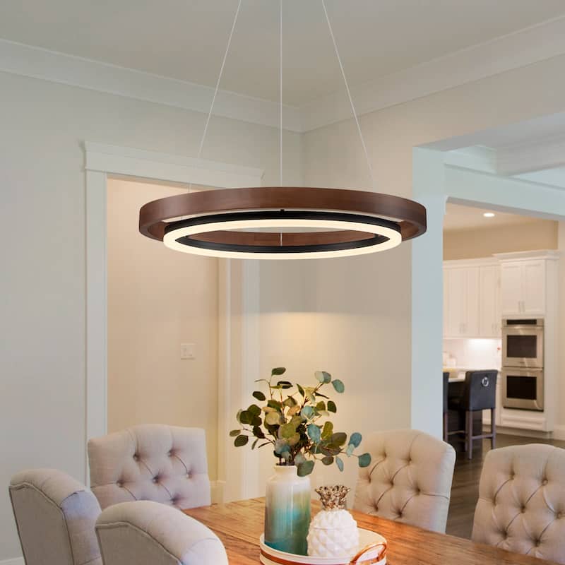 Modern 24" Walnut LED Wood Chandelier Ring Chandelier for Living Room Foyer - W23.62"-1 Ring