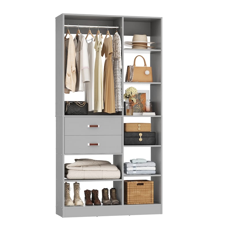 40'' Large Closet System with 10 Shelves and 2 Drawers, Freestanding Closet Organizer with Hanging Rods