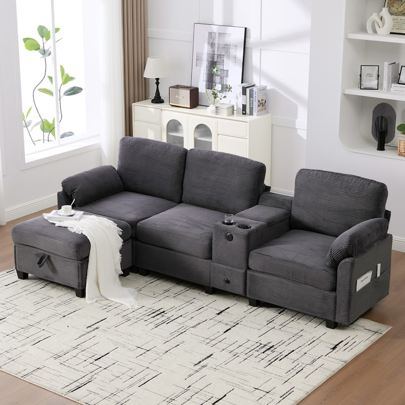 HOMEFUN Corduroy Upholstered L-Shaped 4-seater Storage Multifunctional Sectional Sofa with Storage Ottoman,Cup Holder and USB - Dark Grey