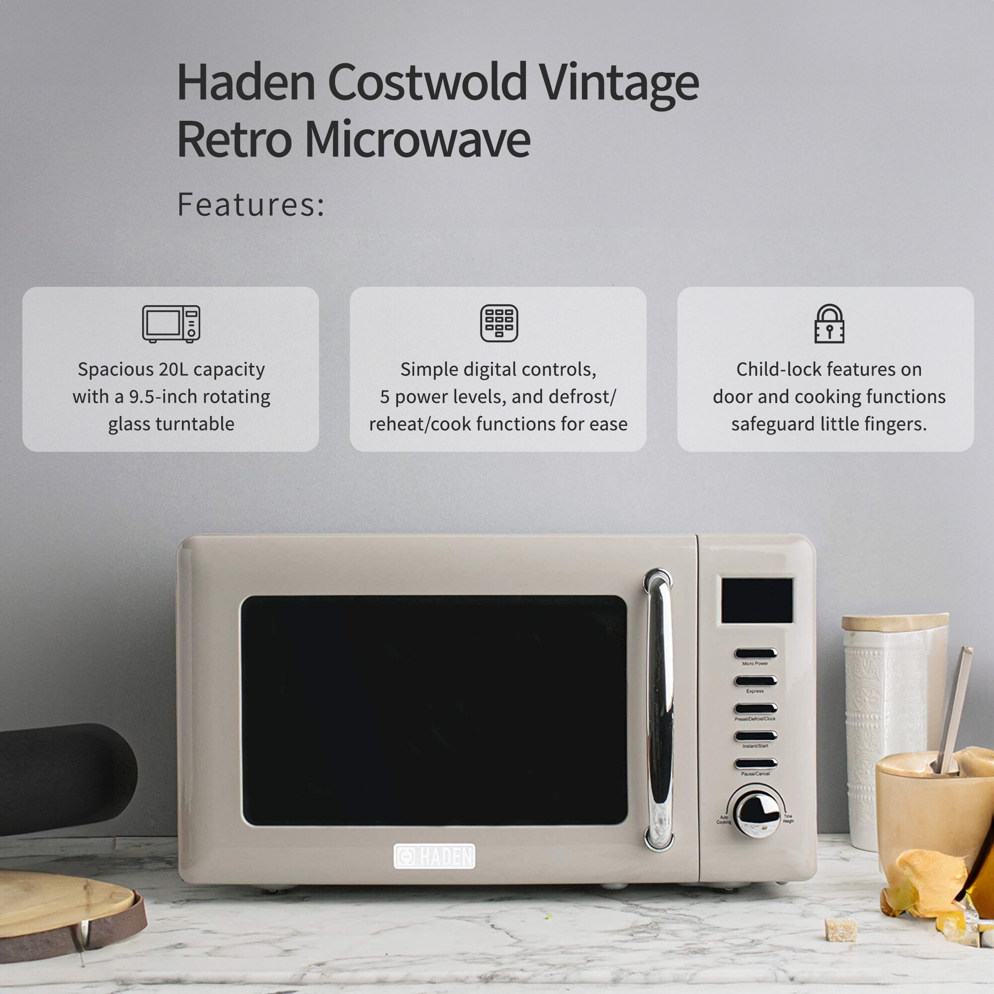 Haden Cotswold Vintage Retro 0.7 Cu Ft 700W Countertop Microwave