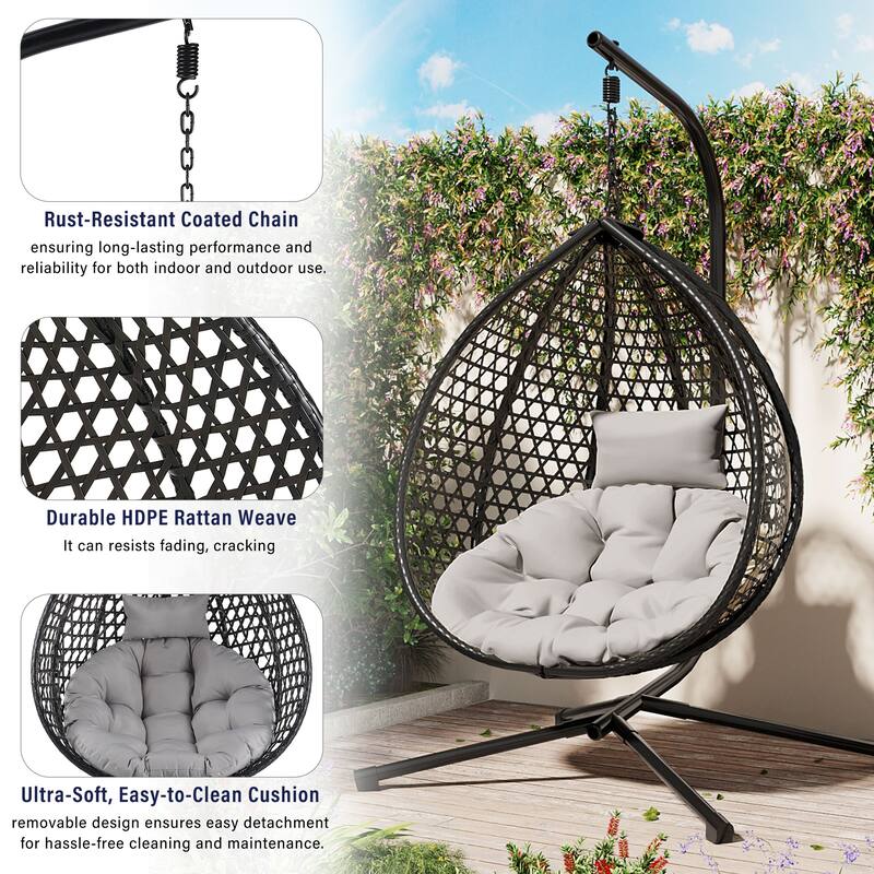 Sturdy Hammock Chair with Stand, Durable Hanging Egg Chair with Rattan Weaving,Comfortable chairs with Soft Removable Cushion