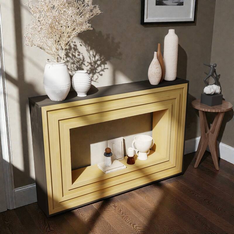 47" Modern Contrast Console Table with Layered Wood Frame and Black Top, Entryway Table for Hallway & Living Room