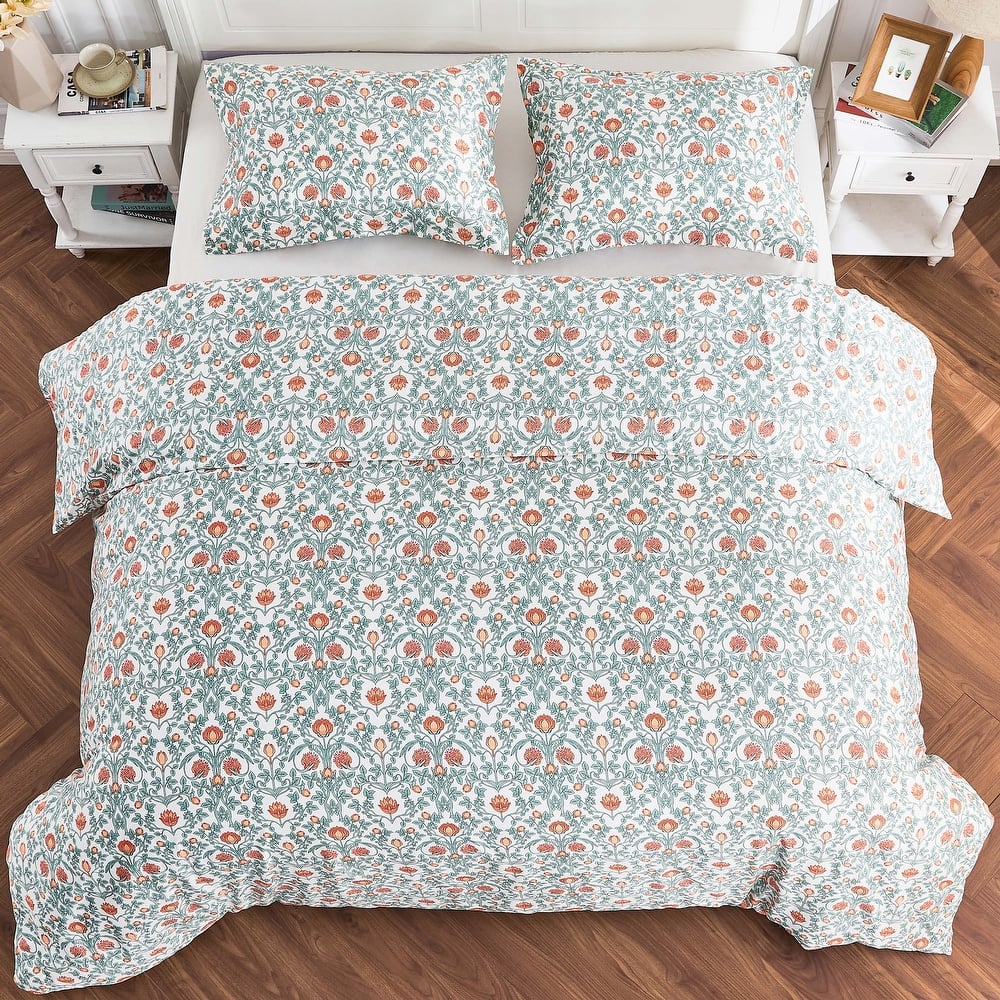 Printed Design Cotton Collection Orange Floral Crafted Duvet Set