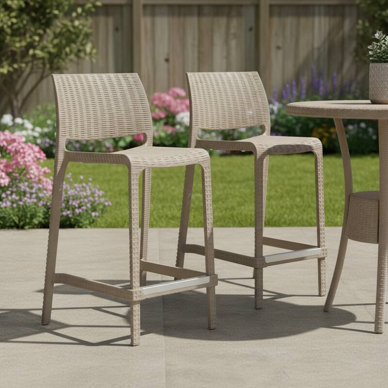 HomeRoots Set of Two 26" Taupe Faux Rattan Low Back Outdoor Counter Height Bar Chairs