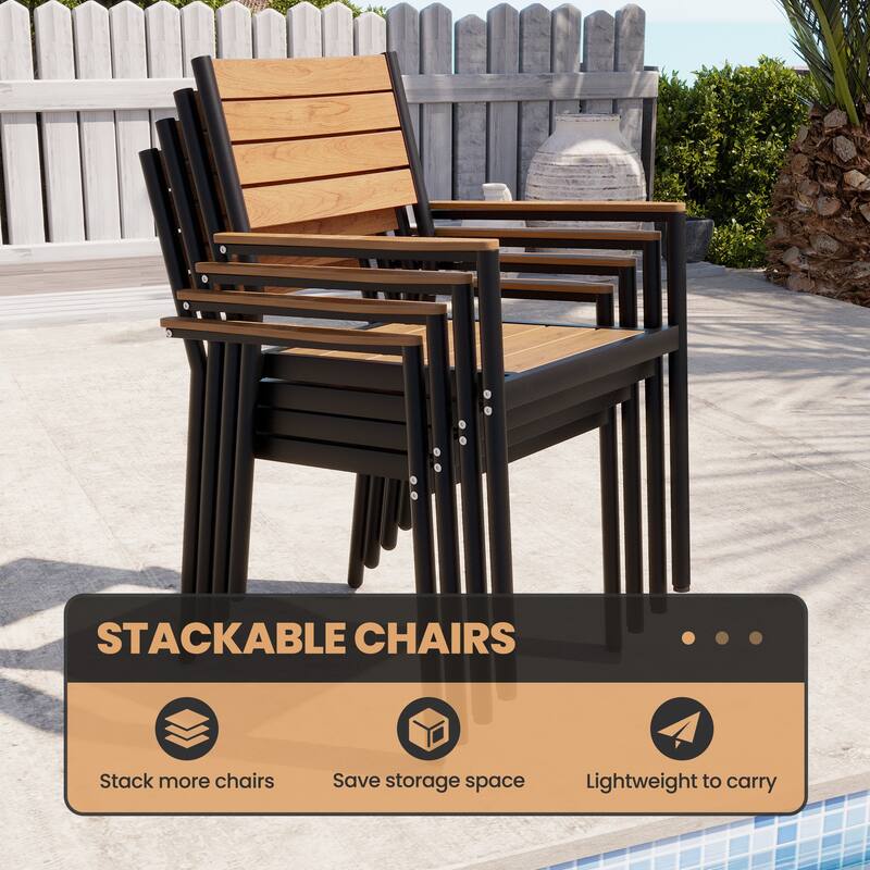 11-Piece Set Outdoor Aluminum Rectangular Dining Table with Umbrella Hole and Stackable Chairs