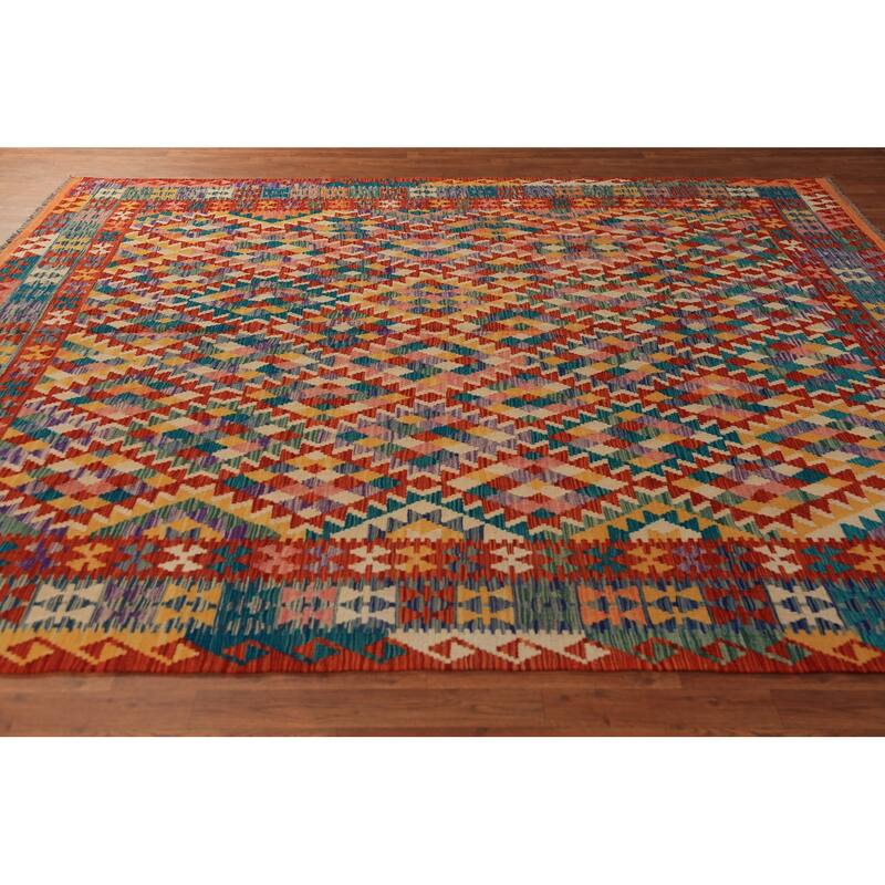 Geometric Kilim Oriental Rug Hand-Woven Multi-Color Wool Carpet - 8'5"x 9'9"