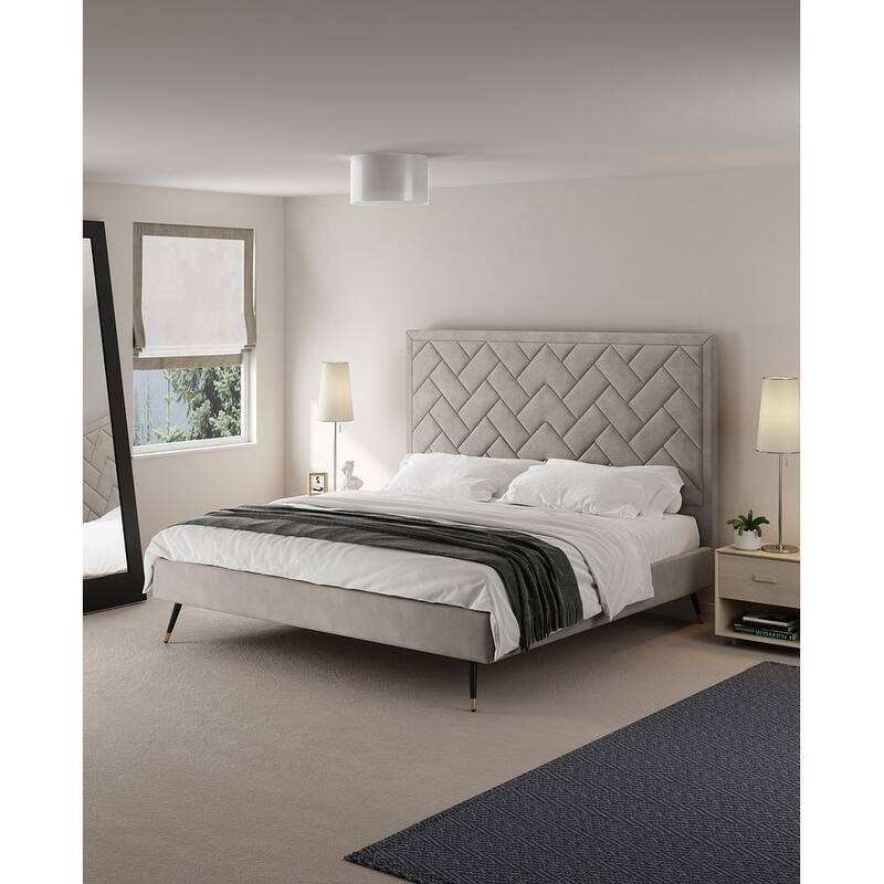 Manhattan Comfort Crosby Modern Velvet Upholstered Bed - Greige - King