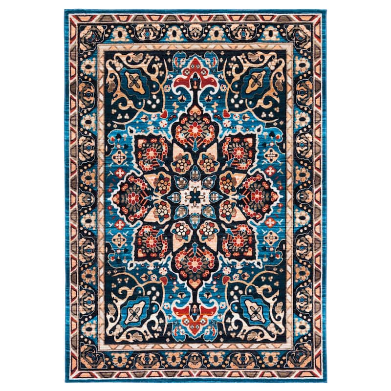 SAFAVIEH Riviera Machine Washable Slip Resistant Wilma Oriental Rug - 6'7" Square - Blue/Black