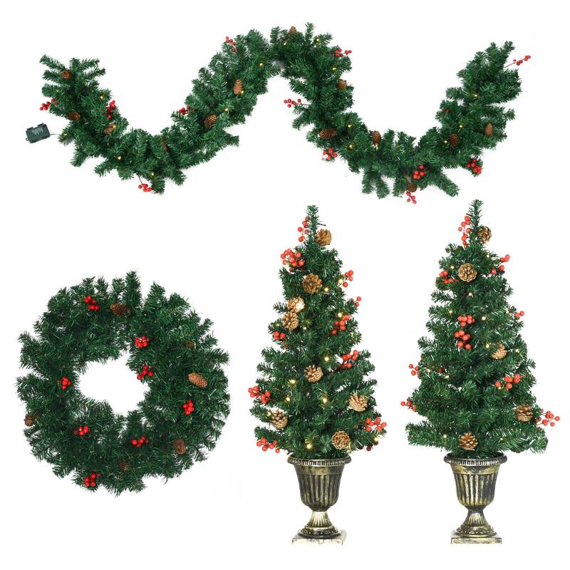 Complete Holiday Set, 2 Entrance Trees, Garland, and Wreath with LED Lights, Berries and Pine Cones for Home Holiday Decor
