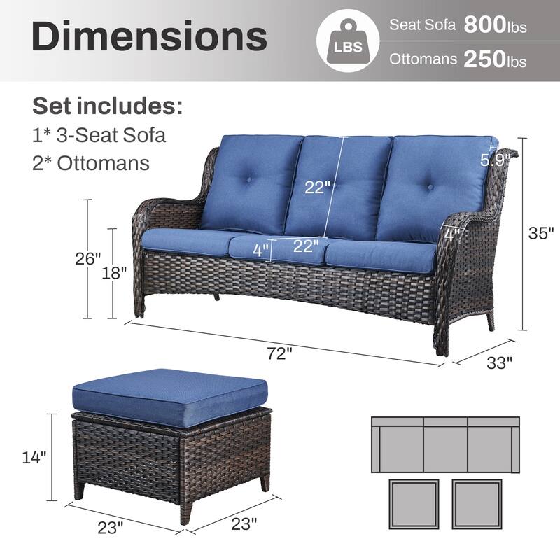 Gymojoy 5-Piece Outdoor Wicker Patio Furniture with 3 Seat Sofa, Rattan Coversation Set with Water Resistant Thick Cushions