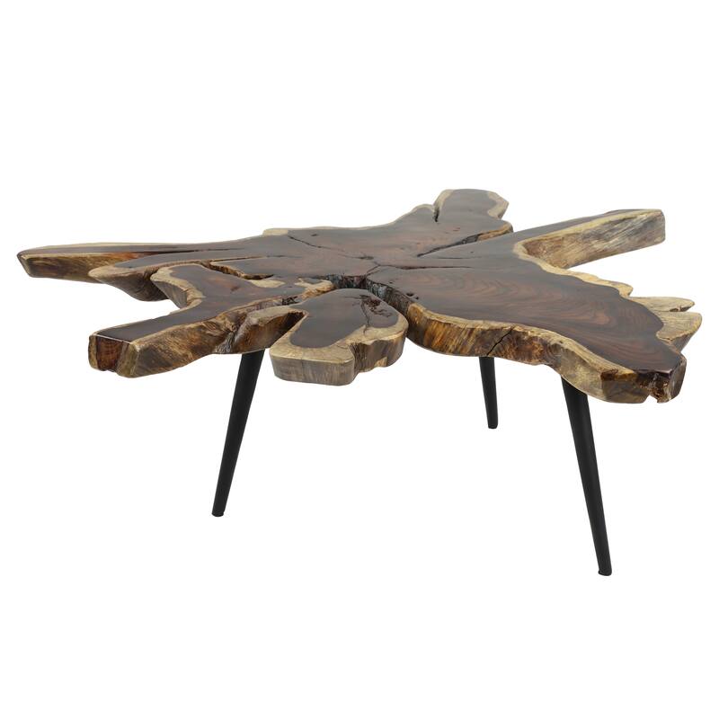 Brown Wood Handmade Live Edge Top Living Room Coffee Table with Black Metal Tripod Legs