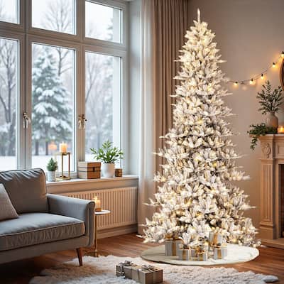 Glitzhome 11ft Pre-Lit Flocked Slim Fir Artificial Christmas Tree with Warm White Lights & Gloves