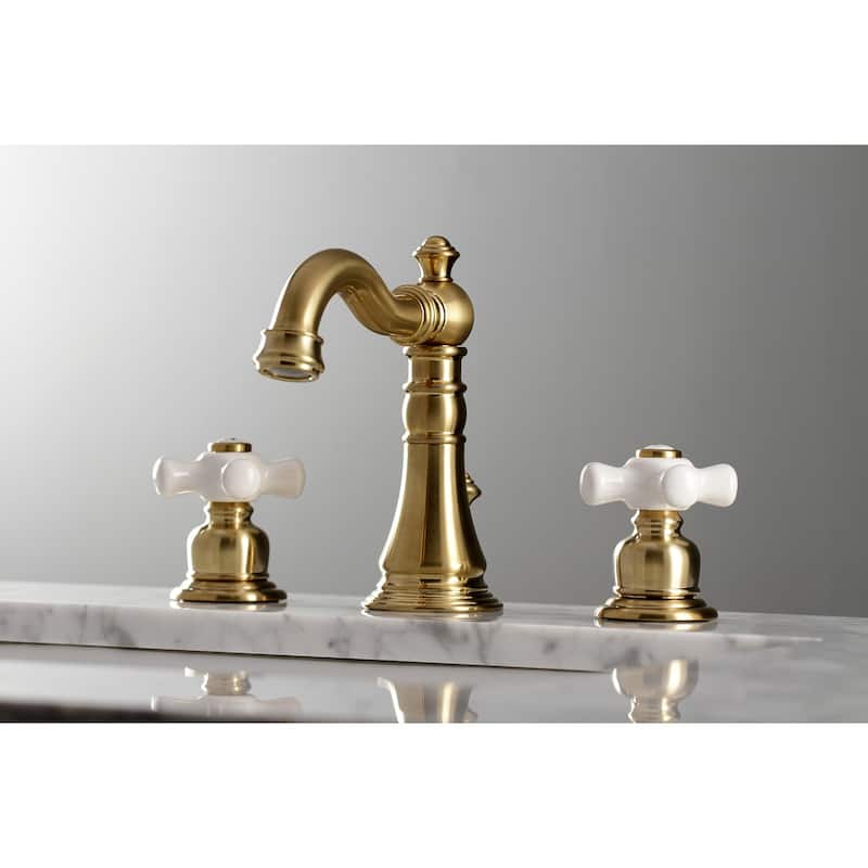 Kingston Brass American Classic Two-Handle 3-Hole Deck Mount Widespread Bathroom Faucet with Pop-Up Drain