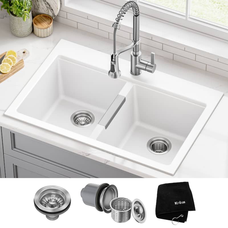 KRAUS Granite 33 inch 2-Bowl Undermount Drop-in Kitchen Sink - White - 33" x 22" (sink KGD-433BWHITE)