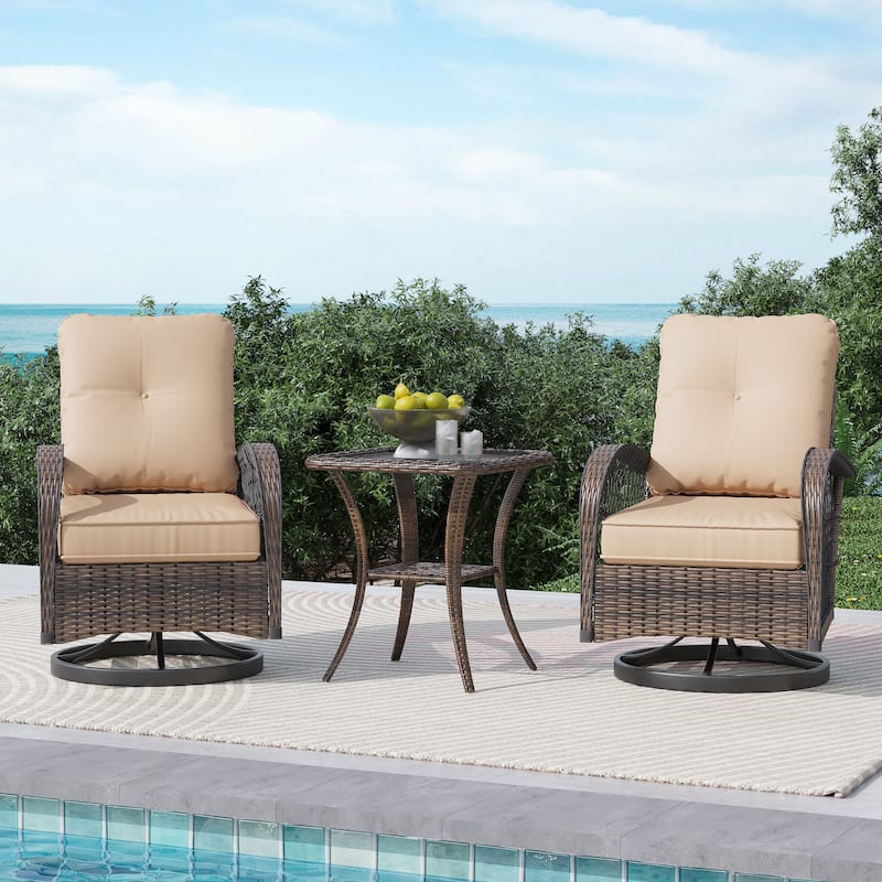 EROMMY Outdoor 3 Pieces Swivel Rocker Patio Chair Sets with Glass Table, All-Weather Wicker & Thickened Cushions for Backyard - 3-Piece - Khaki