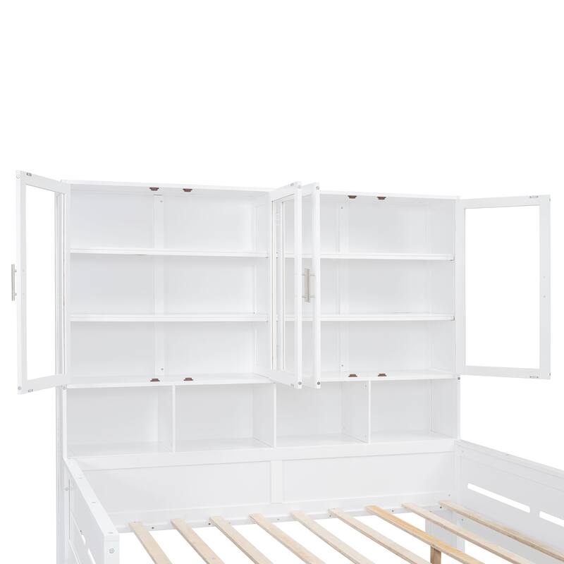 Bookcase Daybed with Storage Cabinets Wooden Captains Bed Built-in LED Lighting