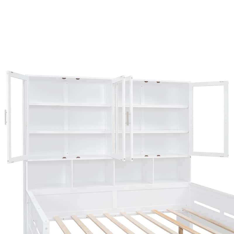 Full Size Wooden Daybed with Glass-Door LED Cabinet & Shelves - 600LB Capacity
