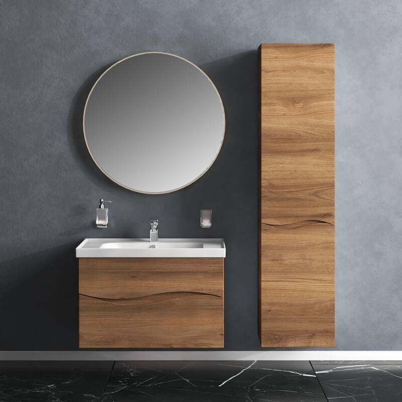 Modern Wall-Mounted Bathroom Vanity with Washbasin Wave Teak Natural Non-Toxic MDF-26"-Diamond 24"