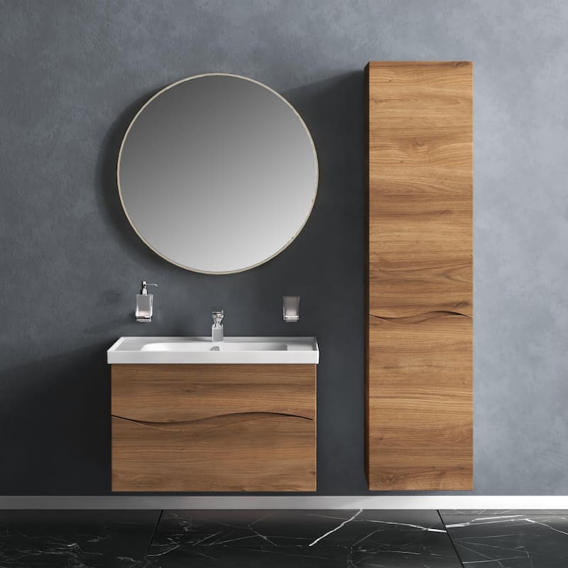 Modern Wall-Mounted Bathroom Vanity with Washbasin Wave Teak Natural Non-Toxic MDF-26"-Omega R-line 24"