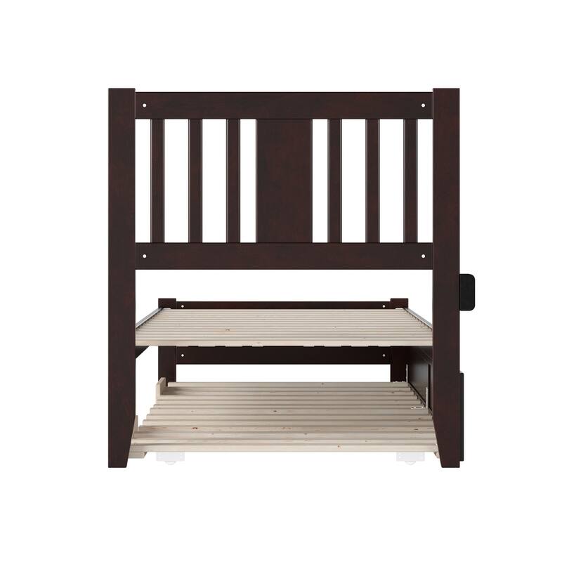 Vogue Twin XL Bed with Trundle & Footboard - Espresso Solid Wood Platform Bed with Charger
