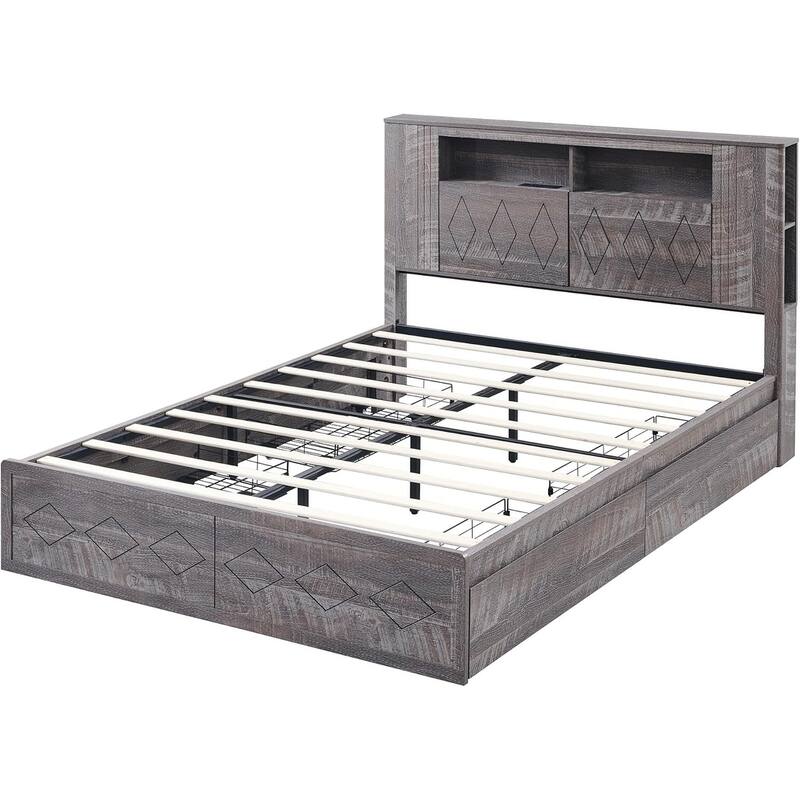 Modern Queen Size Wood Bed Frame with Charging Station and LED Lights