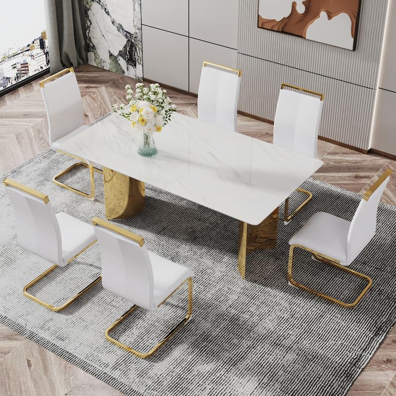Roomfitters Dining Table with White Marble Glass Top and Gold Metal Legs for Kitchen or Living Room Use, White