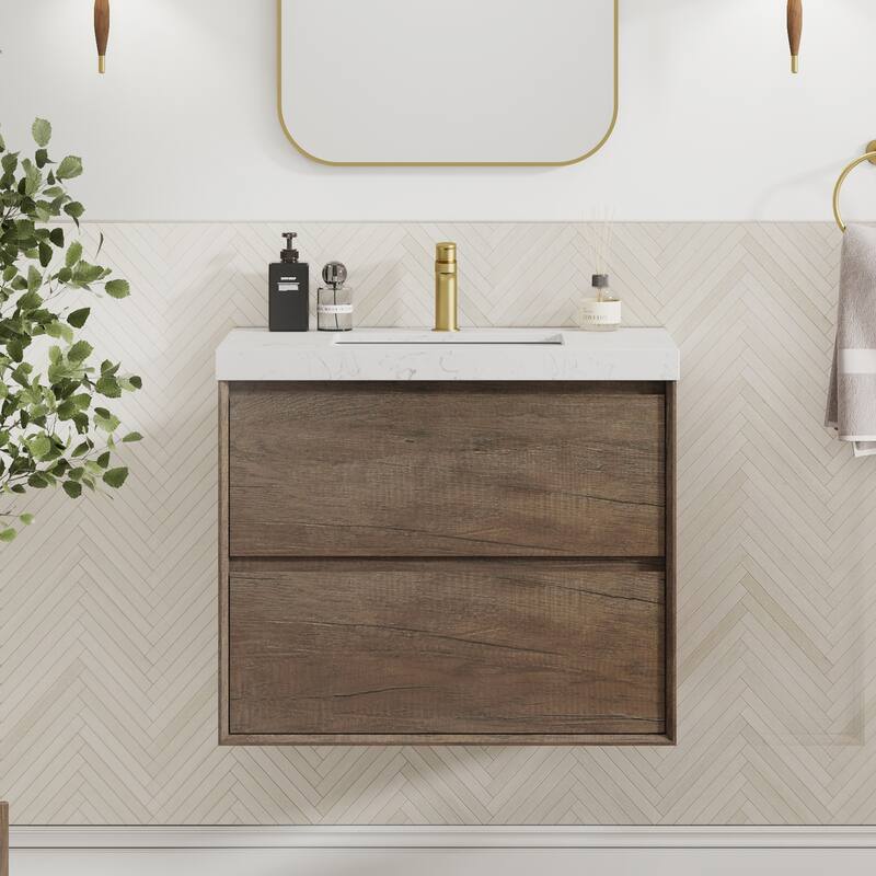 Sylphar 30 inch Bathroom Vanity with Sink, Floating Oak Cabinet with Stone Top - 1 Set Of Antique Oak Vanity