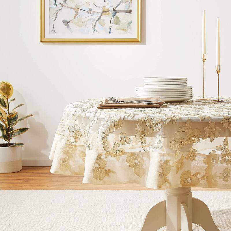 Violet Linen Ribbon Rose Mesh Lace Pattern Tablecloth - 70" Round - Ivory