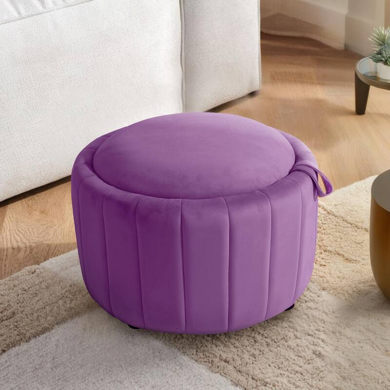 Modern Round Velvet Storage Ottoman Footrest Footstool - Purple