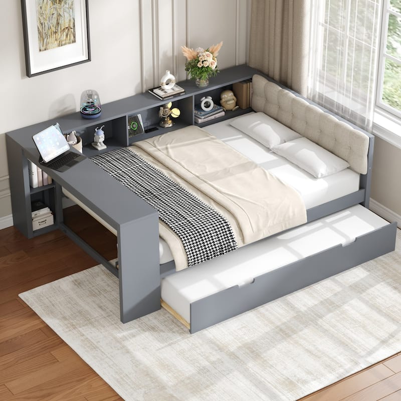 Upholstered Sofa Bed, Wood Daybed, L-shaped Bed Frame with Desk, Shelves, Charging Station, and Optional with Trundle or Drawers - Gray with Trundle - Full