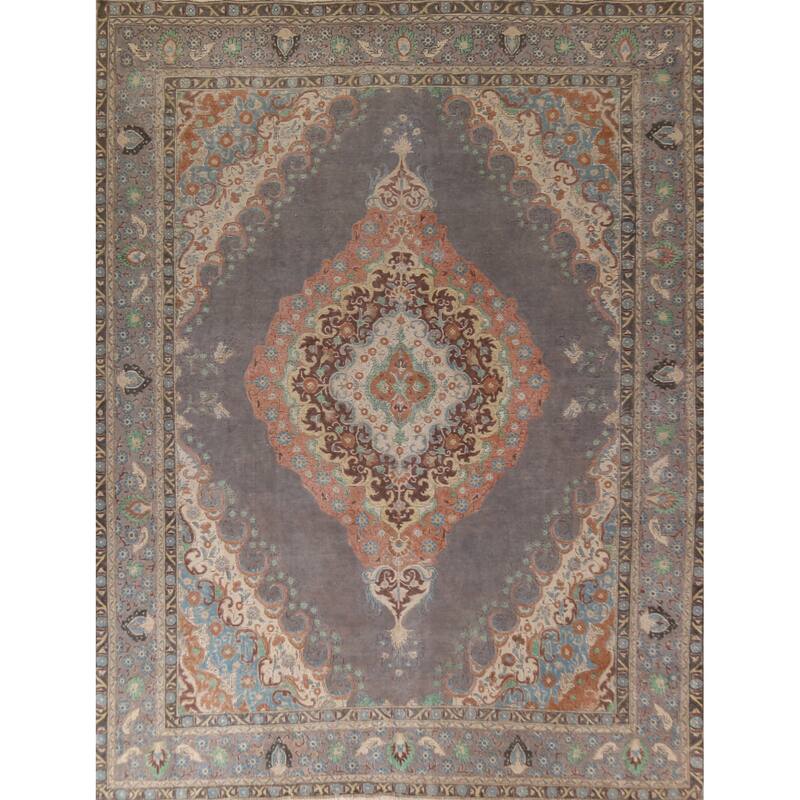 Gray Tabriz Persian Vintage Area Rug Hand-Knotted Wool Carpet - 9'10"x 12'0"