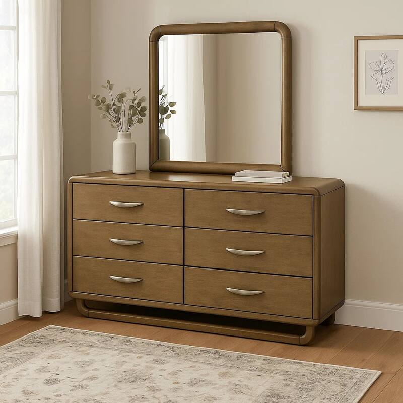 Deon Wide Dresser with Mirror, 6 Drawers, Brown Wood, Matte Nickel