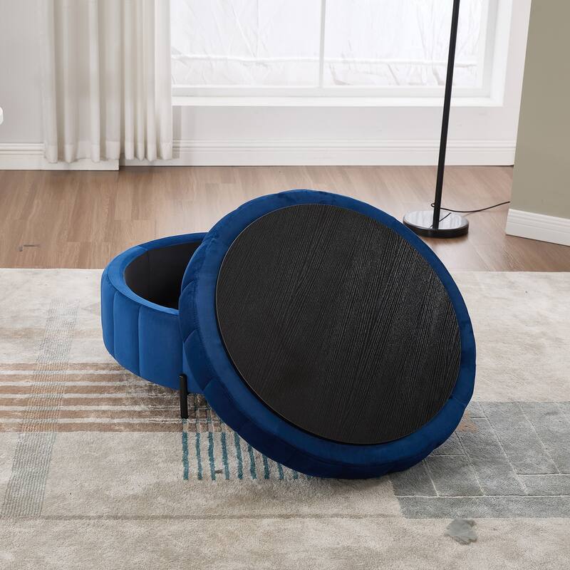 Round Ottoman with Storage, Channel Tufted Pumpkin-Shape Channel Footstool, Upholstered Footrest Stool with Reversible Lid
