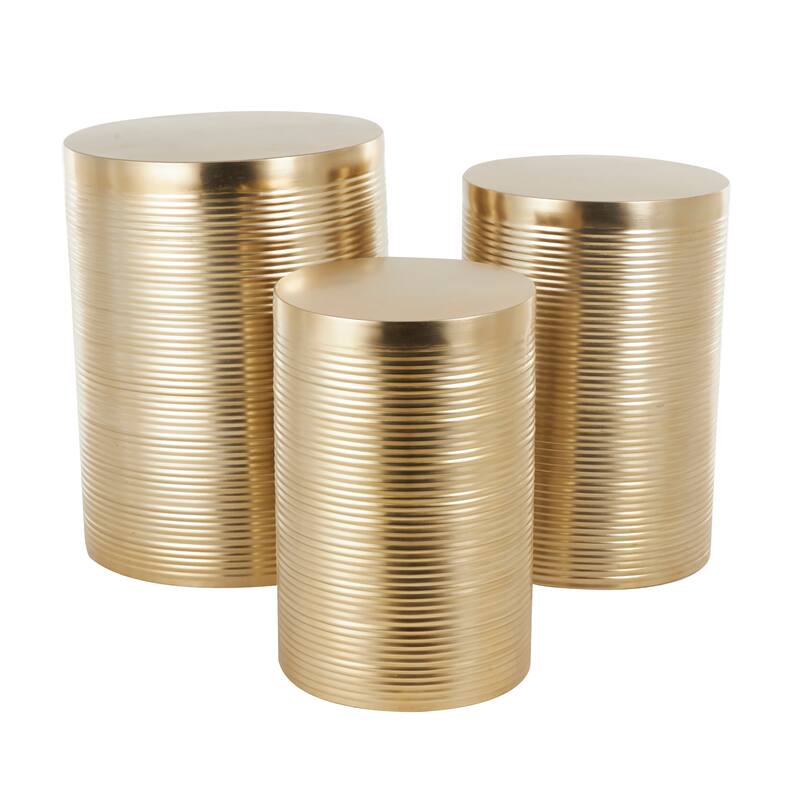 Gold or Silver Metal Metallic Ribbed Drum Accent Table (Set of 3)