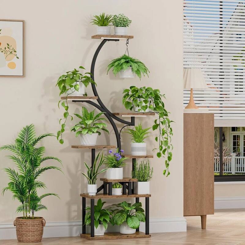 Wood Metal 8-Tier Indoor Plant Stand with S-Shape and Grow Lights - 19.6'' W X 10.2'' D x 62'' H