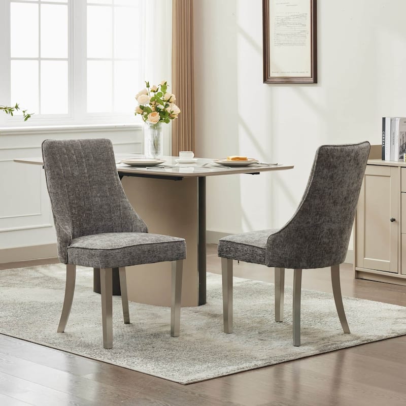 Set of 2 Chenille Upholstered Dining Chairs with Silver Steel Legs - Grey