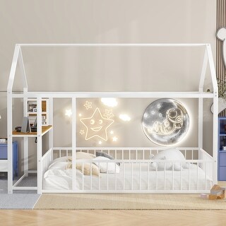 Metal House Bed Frame, Kids Montessori Bed Floor Bed with Side Desk, Power Outlets and USB Ports