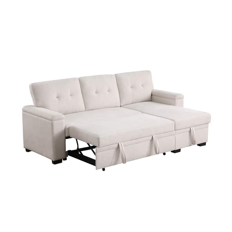 84.5"W Beige Woven Reversible Sleeper Sectional Sofa with Storage Chaise, 53x84x34 inches, 188 lbs